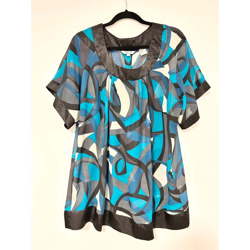 Y2K Capacity Womens 2X Abstract Swirl Print Chiffon SHEER Tunic Top Blue Black